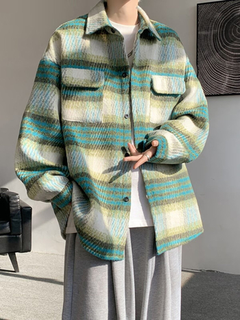 Férfi gyapjú tweed kardigános ing, amerikai retro kockás mintával