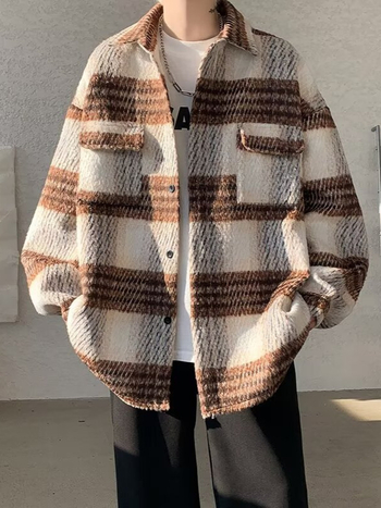 Férfi gyapjú tweed kardigános ing, amerikai retro kockás mintával