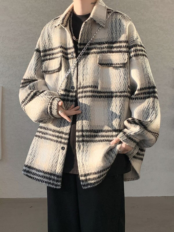 Férfi gyapjú tweed kardigános ing, amerikai retro kockás mintával