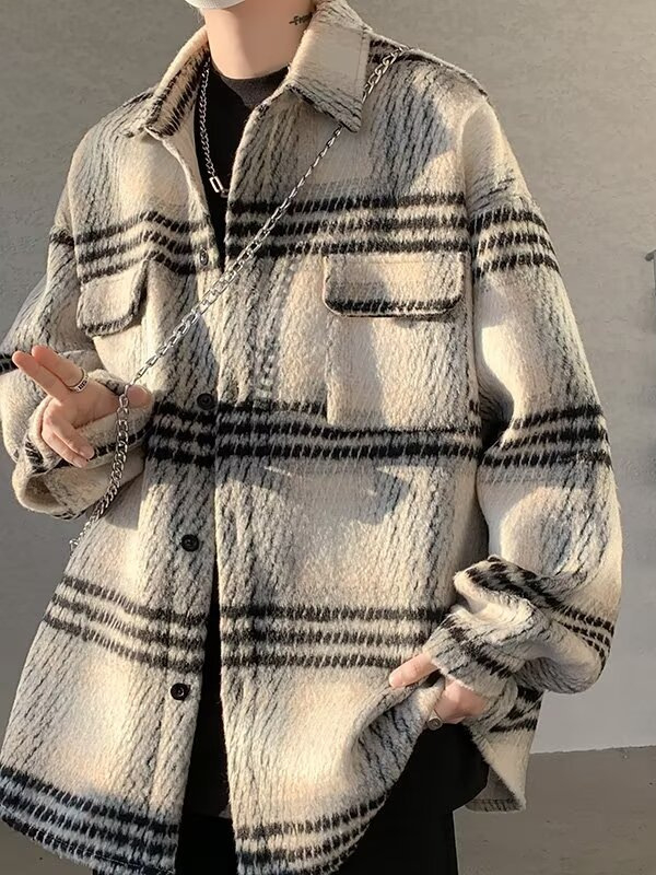 Férfi gyapjú tweed kardigános ing, amerikai retro kockás mintával