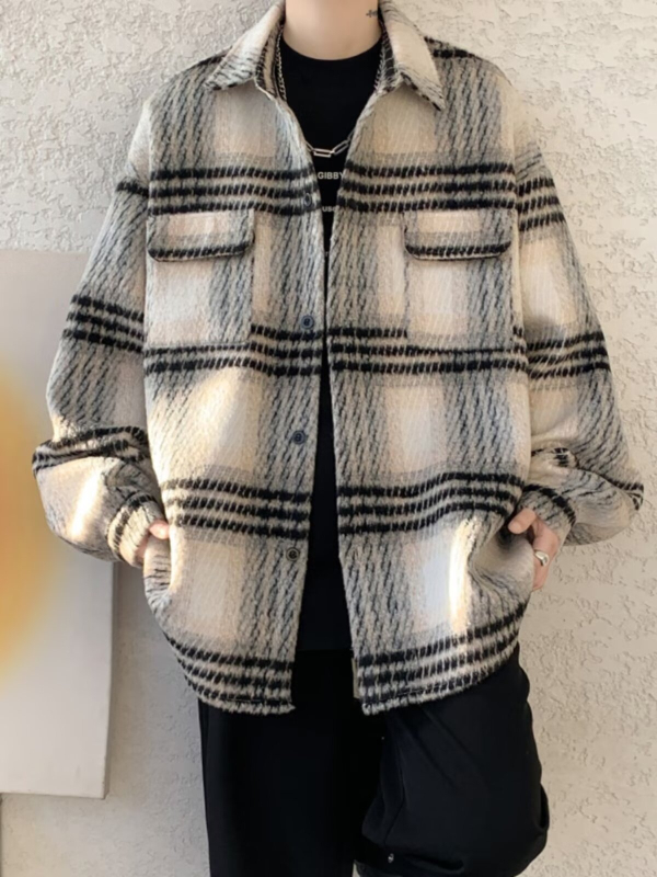 Férfi gyapjú tweed kardigános ing, amerikai retro kockás mintával