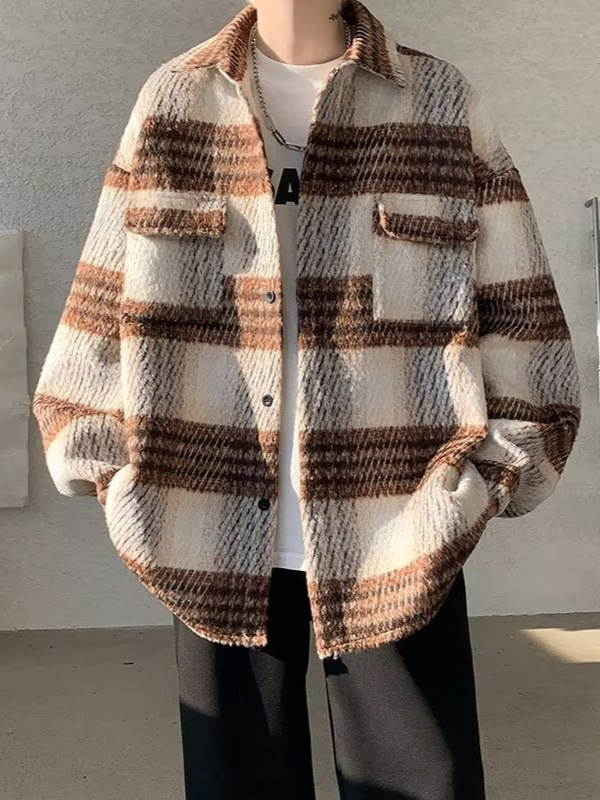 Férfi gyapjú tweed kardigános ing, amerikai retro kockás mintával