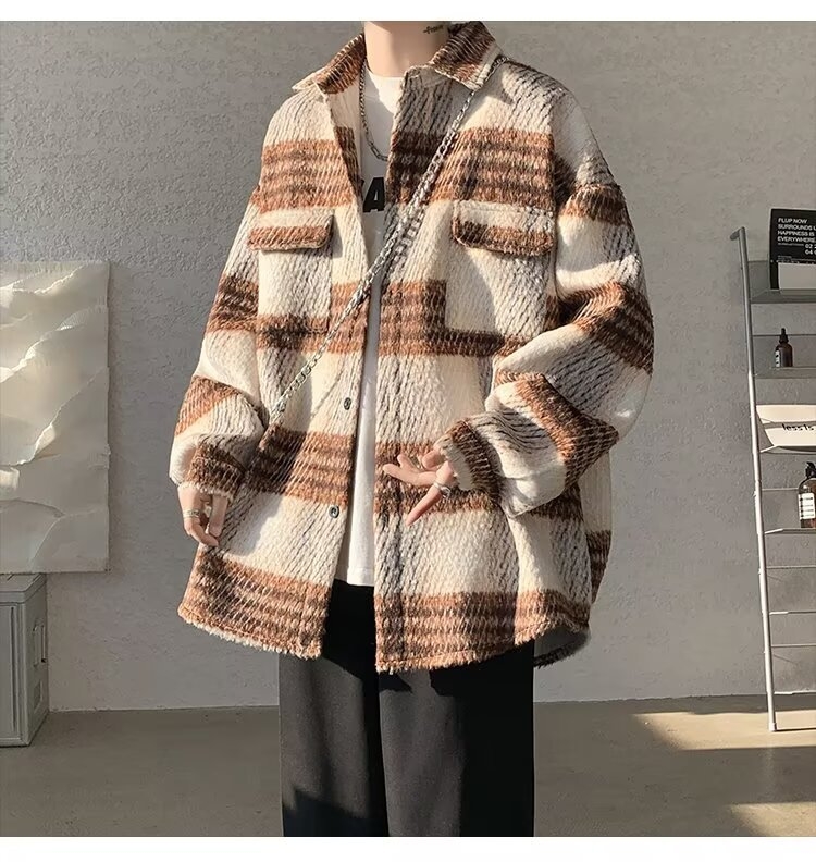 Férfi gyapjú tweed kardigános ing, amerikai retro kockás mintával