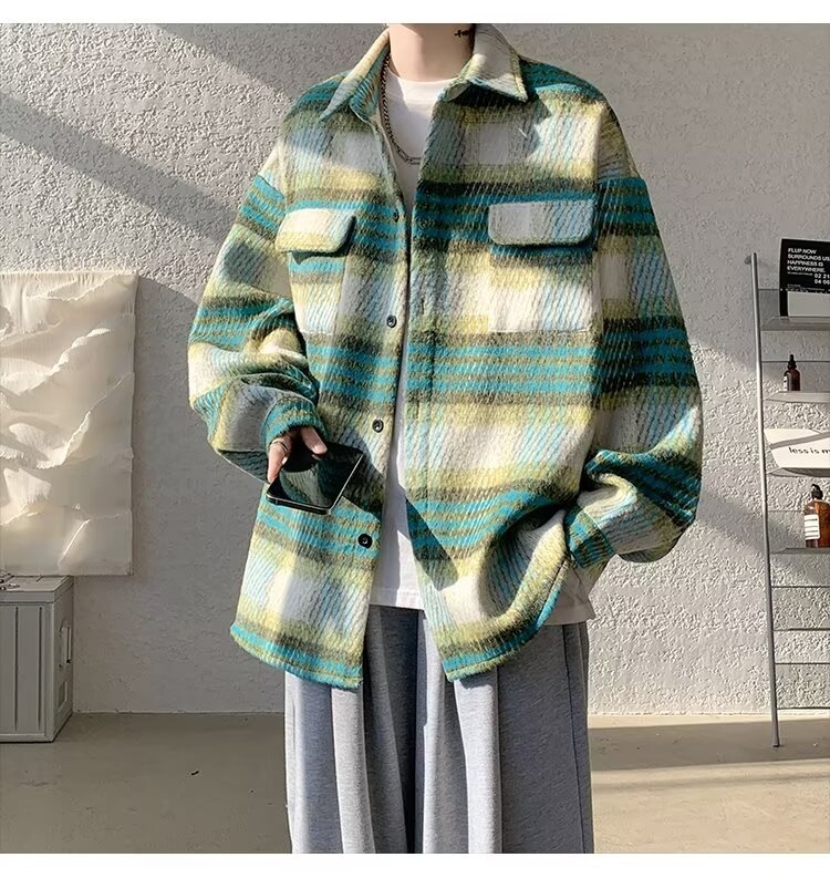 Férfi gyapjú tweed kardigános ing, amerikai retro kockás mintával