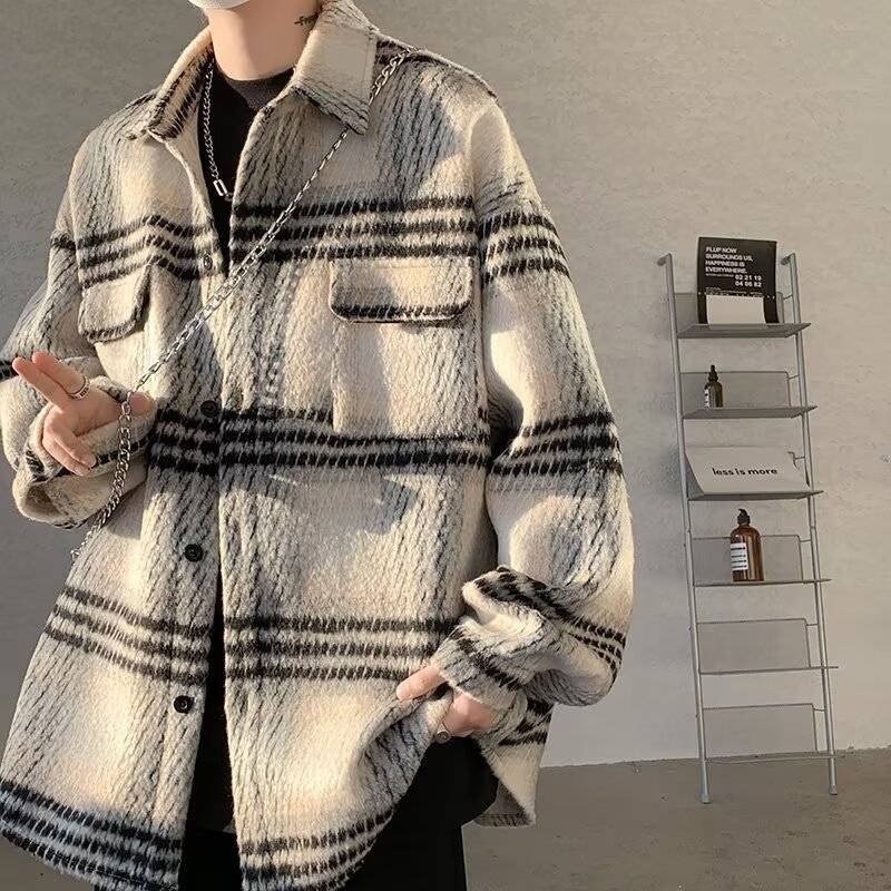 Férfi gyapjú tweed kardigános ing, amerikai retro kockás mintával