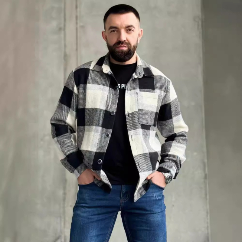 Férfi digitális nyomtatású, fleece-béléssel ellátott ing-szerű kabát