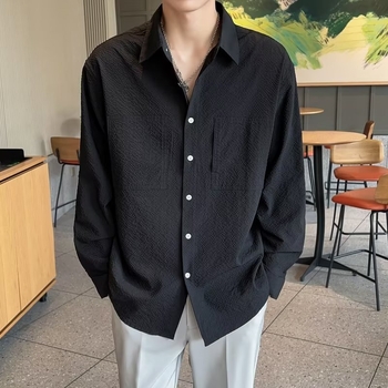Muška bijela košulja s dugim rukavima, teksturirani uzorak, svilenkasto mekan casual minimalistički stil s japanskom inspiracijom
