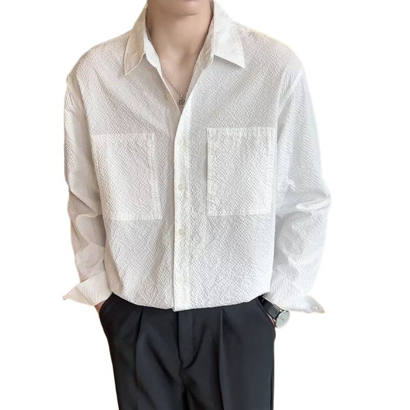 Muška bijela košulja s dugim rukavima, teksturirani uzorak, svilenkasto mekan casual minimalistički stil s japanskom inspiracijom