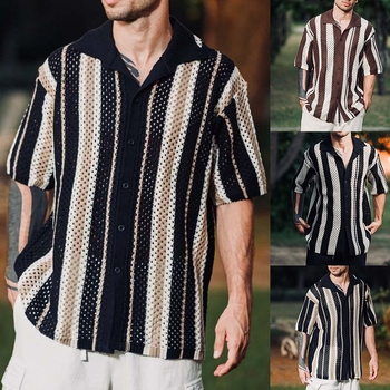 2026 tavasz-nyár férfi casual kötött patchwork csíkos hálós anyagú ing