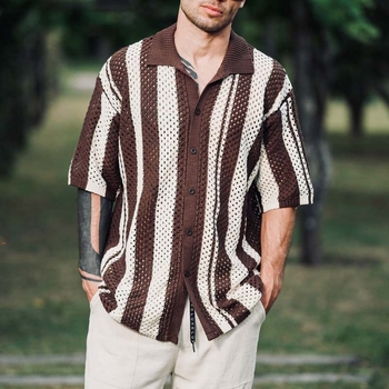 2026 tavasz-nyár férfi casual kötött patchwork csíkos hálós anyagú ing