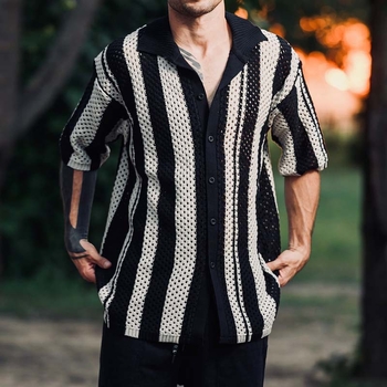 2026 tavasz-nyár férfi casual kötött patchwork csíkos hálós anyagú ing