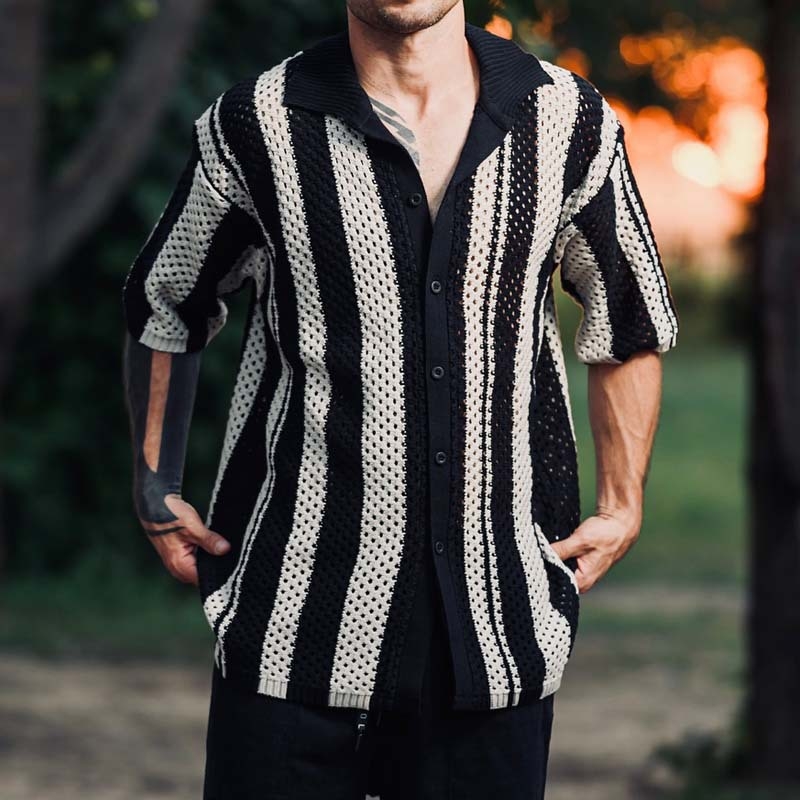 2026 tavasz-nyár férfi casual kötött patchwork csíkos hálós anyagú ing