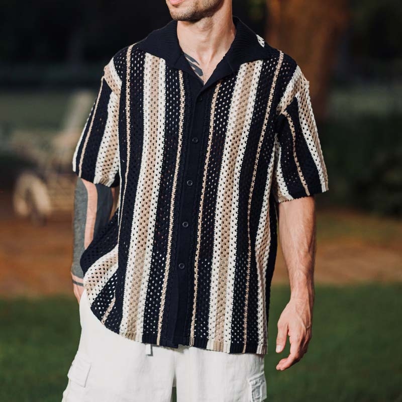 2026 tavasz-nyár férfi casual kötött patchwork csíkos hálós anyagú ing