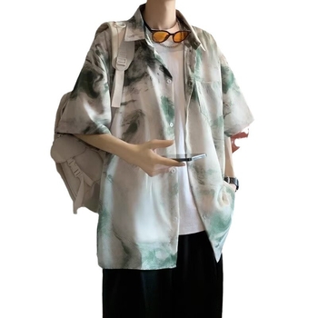 Férfi Hawaii-i strandfelső - rövid ujjú, nyár 2024, retro tie-dye virágmintával, prémium Ice Silk