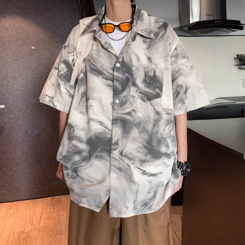 Férfi Hawaii-i strandfelső - rövid ujjú, nyár 2024, retro tie-dye virágmintával, prémium Ice Silk