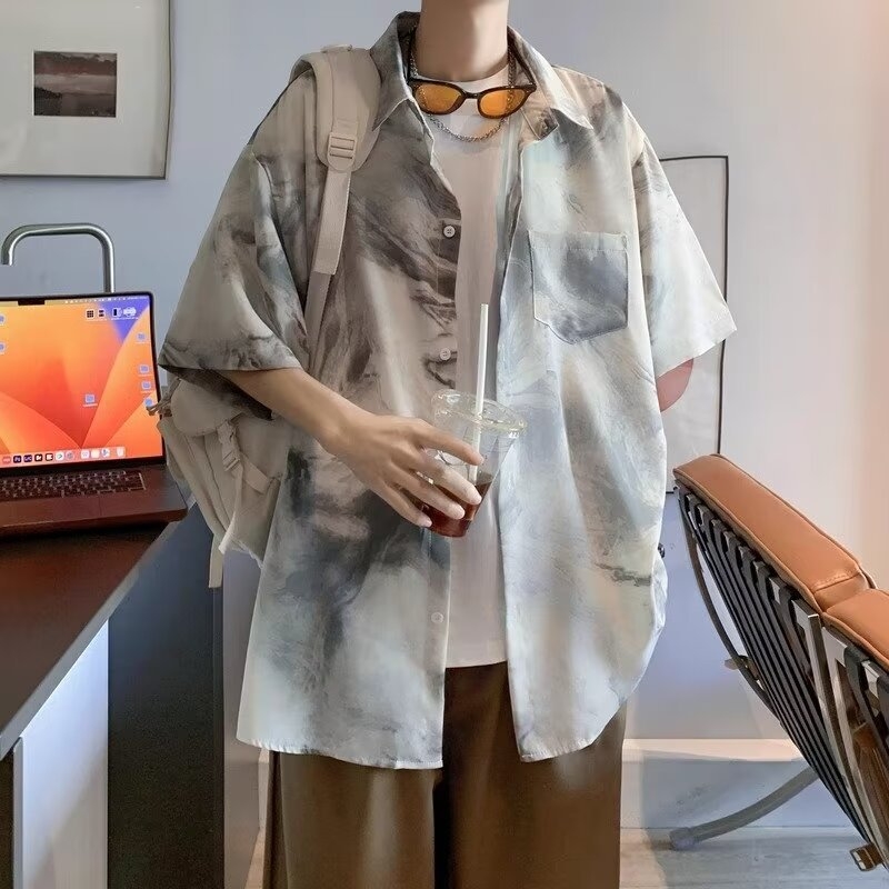 Férfi Hawaii-i strandfelső - rövid ujjú, nyár 2024, retro tie-dye virágmintával, prémium Ice Silk