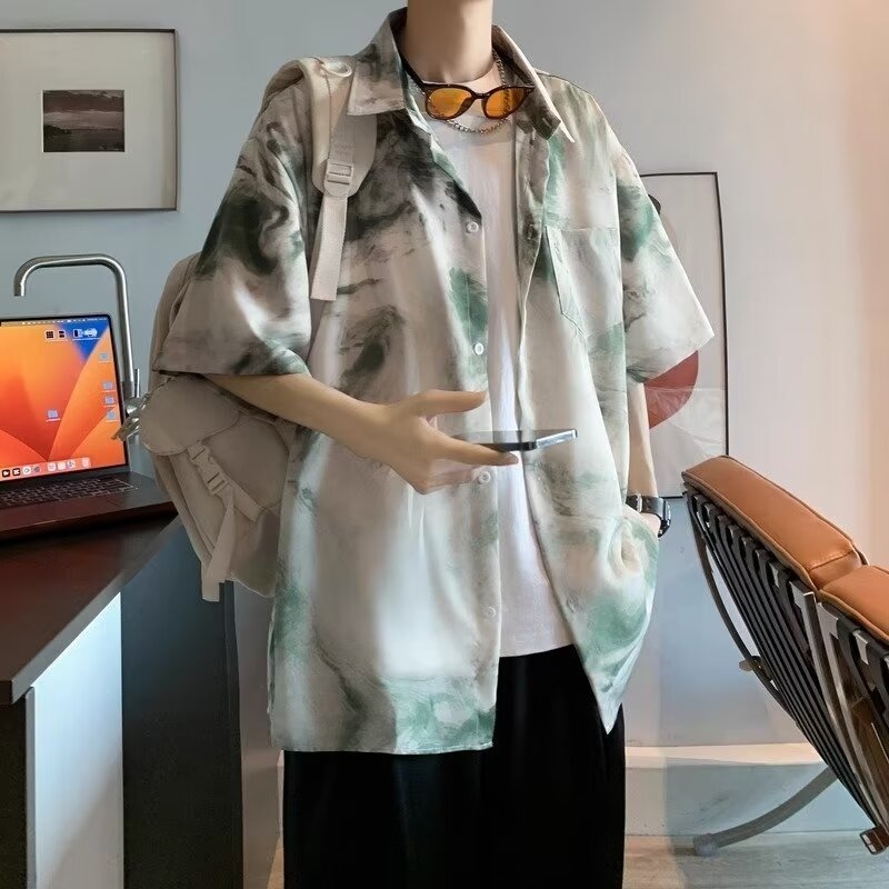 Férfi Hawaii-i strandfelső - rövid ujjú, nyár 2024, retro tie-dye virágmintával, prémium Ice Silk
