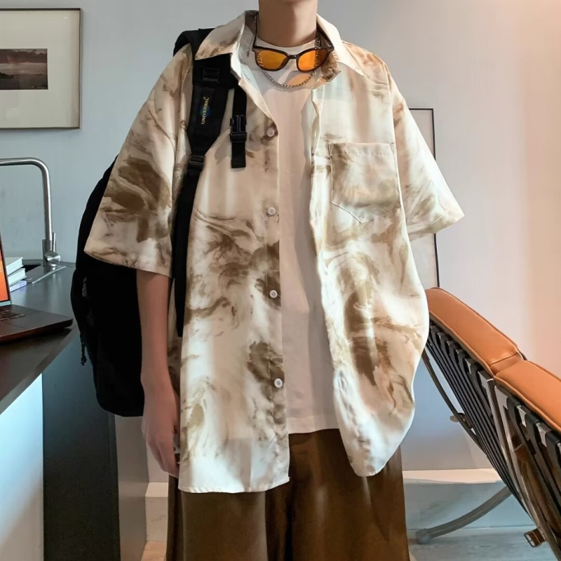 Férfi Hawaii-i strandfelső - rövid ujjú, nyár 2024, retro tie-dye virágmintával, prémium Ice Silk