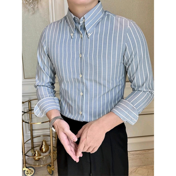 Férfi slim-fit ing nagy hegyes gallérral, brit vintage csíkos mintával, hétköznapi üzleti ing tavasz–őszre
