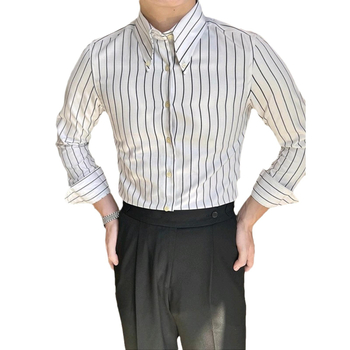 Férfi slim-fit ing nagy hegyes gallérral, brit vintage csíkos mintával, hétköznapi üzleti ing tavasz–őszre
