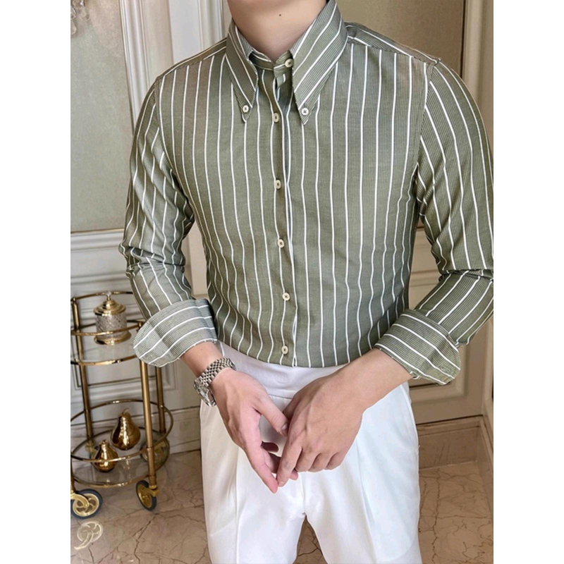 Férfi slim-fit ing nagy hegyes gallérral, brit vintage csíkos mintával, hétköznapi üzleti ing tavasz–őszre