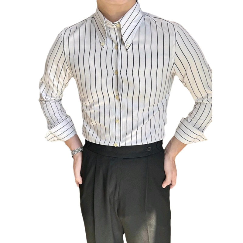 Férfi slim-fit ing nagy hegyes gallérral, brit vintage csíkos mintával, hétköznapi üzleti ing tavasz–őszre
