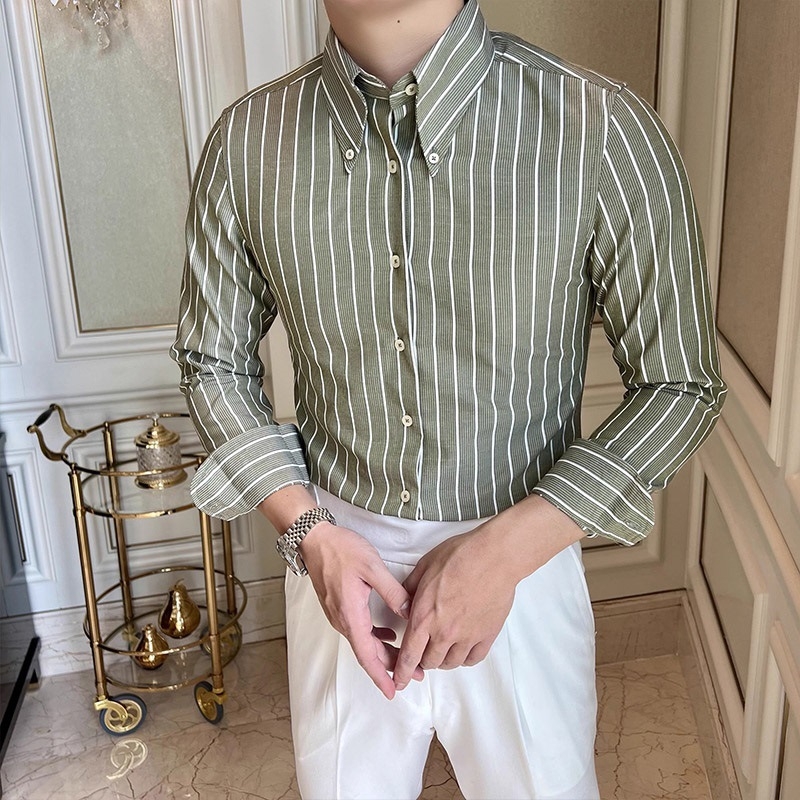 Férfi slim-fit ing nagy hegyes gallérral, brit vintage csíkos mintával, hétköznapi üzleti ing tavasz–őszre