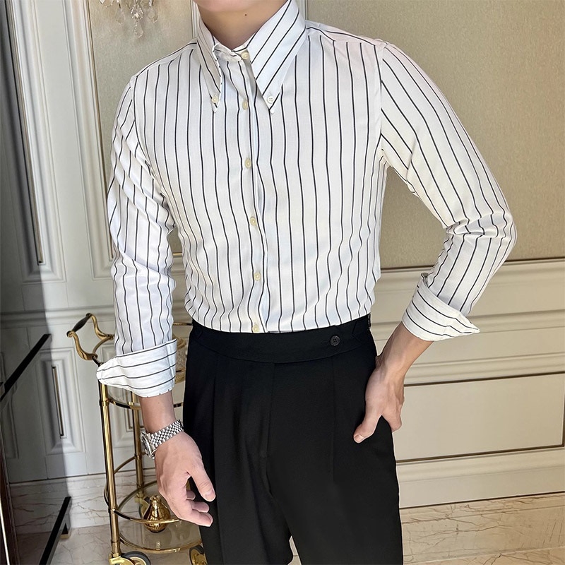 Férfi slim-fit ing nagy hegyes gallérral, brit vintage csíkos mintával, hétköznapi üzleti ing tavasz–őszre