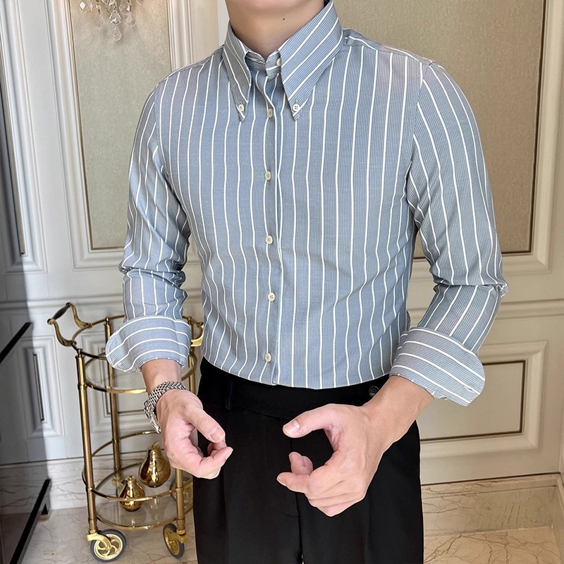 Férfi slim-fit ing nagy hegyes gallérral, brit vintage csíkos mintával, hétköznapi üzleti ing tavasz–őszre