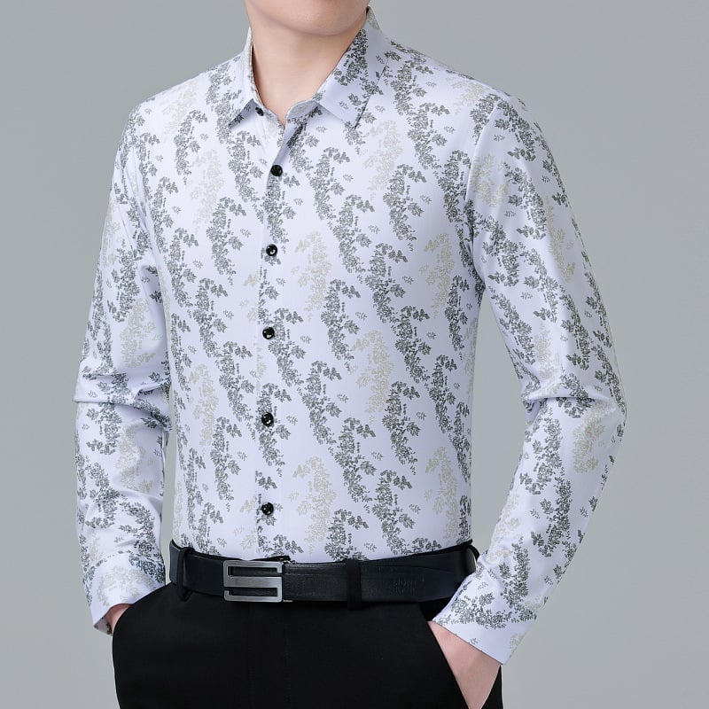 Férfi Mulberry selyemből készült ing, formális, hosszú ujjú, gallér lapel, virágmintás, magas színvonalú üzleti hétköznapi viselet