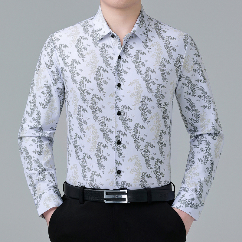 Férfi Mulberry selyemből készült ing, formális, hosszú ujjú, gallér lapel, virágmintás, magas színvonalú üzleti hétköznapi viselet