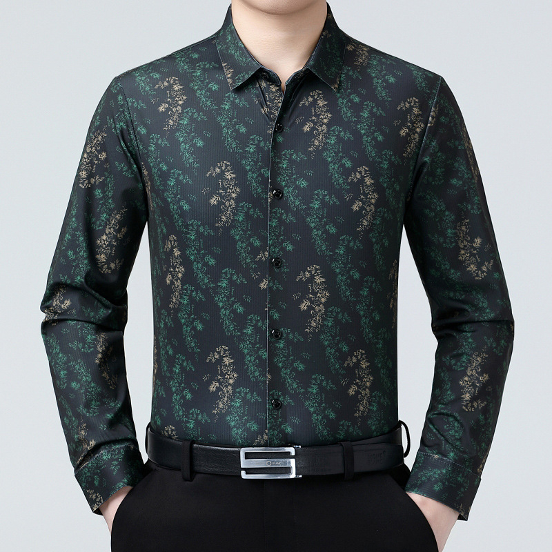 Férfi Mulberry selyemből készült ing, formális, hosszú ujjú, gallér lapel, virágmintás, magas színvonalú üzleti hétköznapi viselet