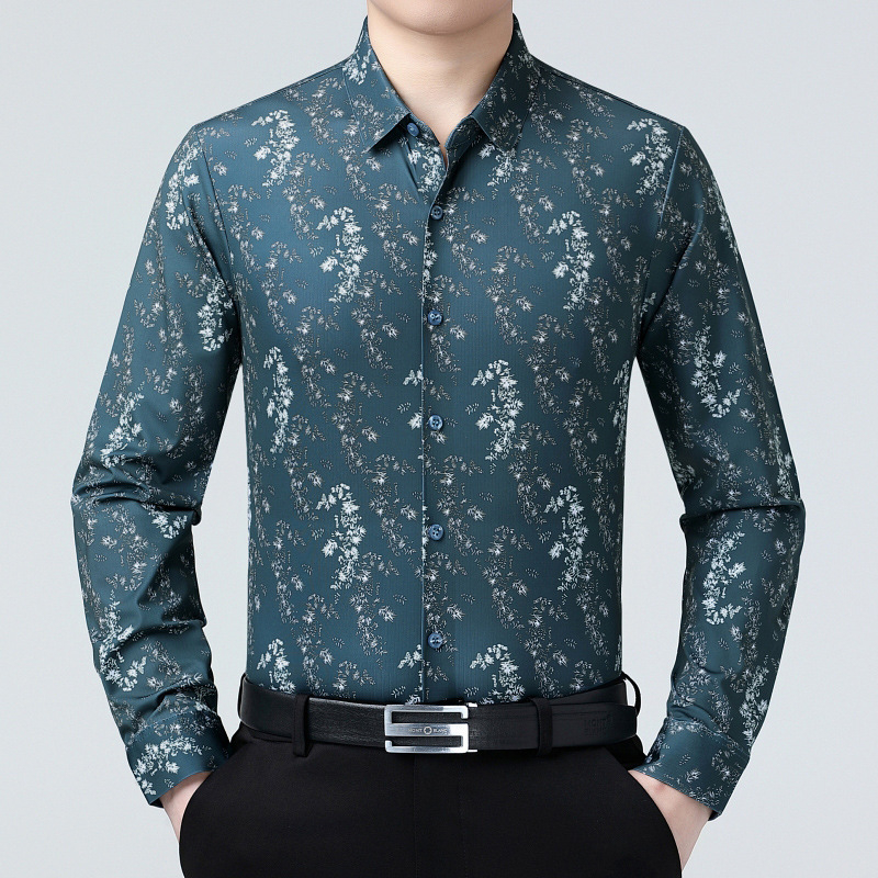 Férfi Mulberry selyemből készült ing, formális, hosszú ujjú, gallér lapel, virágmintás, magas színvonalú üzleti hétköznapi viselet
