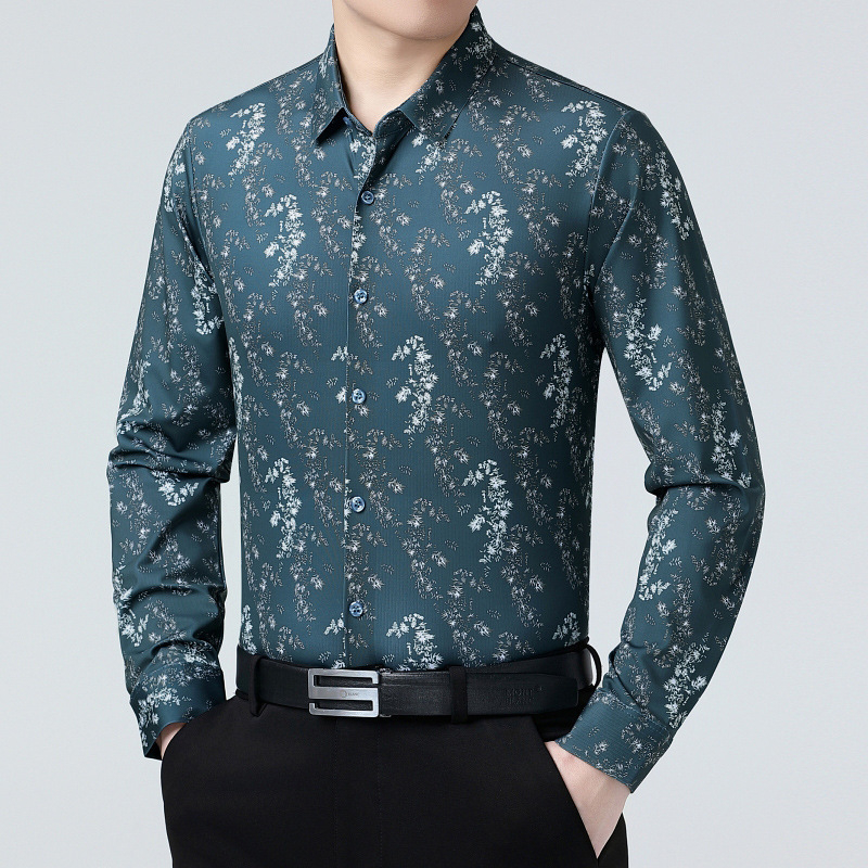 Férfi Mulberry selyemből készült ing, formális, hosszú ujjú, gallér lapel, virágmintás, magas színvonalú üzleti hétköznapi viselet
