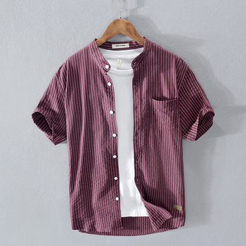 Nyári csíkos rövid ujjú ing 100% pamutból, japán stílusú álló gallérral.