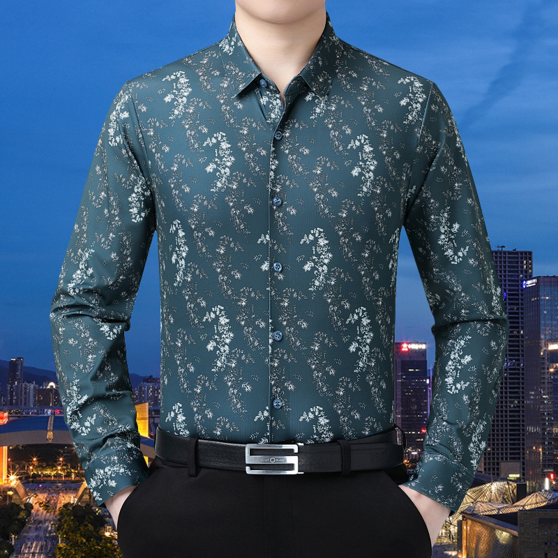 Cămașă pentru bărbați cu imprimeu floral, mâneci lungi, pentru bărbați de vârstă mijlocie, stil business-casual, înaltă calitate, fără călcare