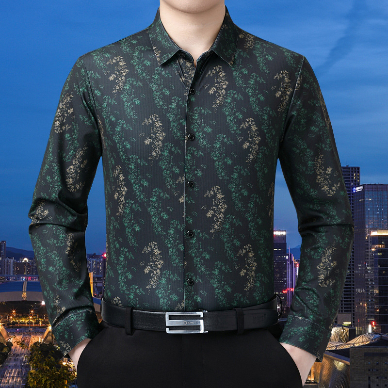 Cămașă pentru bărbați cu imprimeu floral, mâneci lungi, pentru bărbați de vârstă mijlocie, stil business-casual, înaltă calitate, fără călcare