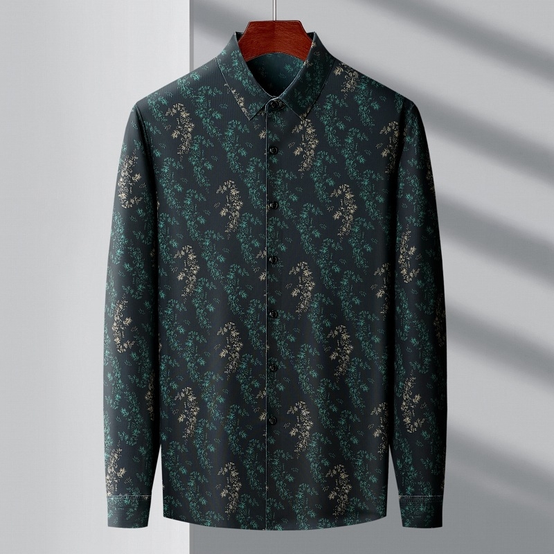 Cămașă pentru bărbați cu imprimeu floral, mâneci lungi, pentru bărbați de vârstă mijlocie, stil business-casual, înaltă calitate, fără călcare