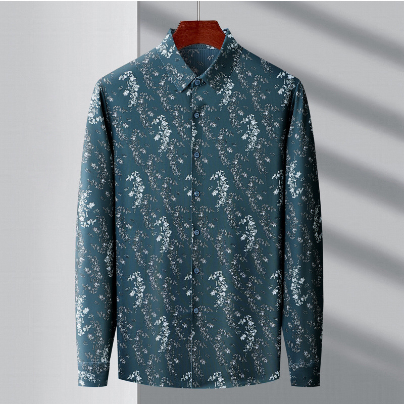 Cămașă pentru bărbați cu imprimeu floral, mâneci lungi, pentru bărbați de vârstă mijlocie, stil business-casual, înaltă calitate, fără călcare