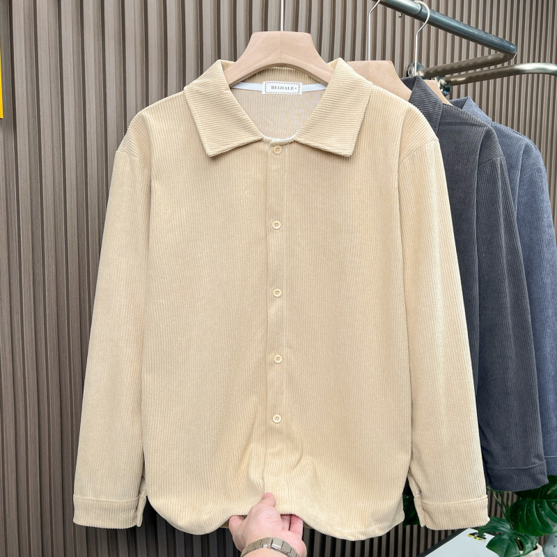 Hongkong-stílusú laza corduroy anyagú ing-jacket férfiaknak, hosszú ujjú, mindennapi felső, tavasz–ősz