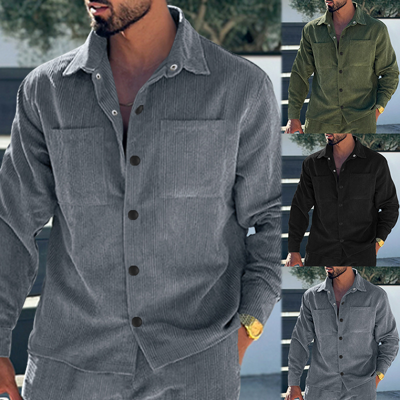 Férfi corduroy ing-jacke, slim fit, több zsebbel, hétköznapi viselet, európai méretek