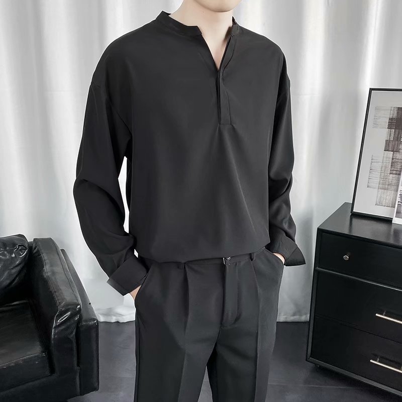 Férfi hosszú ujjú ing, álló gallér, laza szabás, Koreai stílusú, egyszínű jacquard anyagú felső