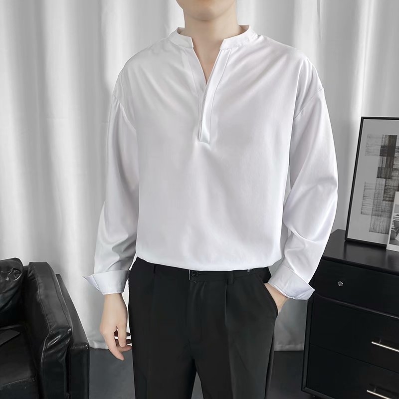 Férfi hosszú ujjú ing, álló gallér, laza szabás, Koreai stílusú, egyszínű jacquard anyagú felső
