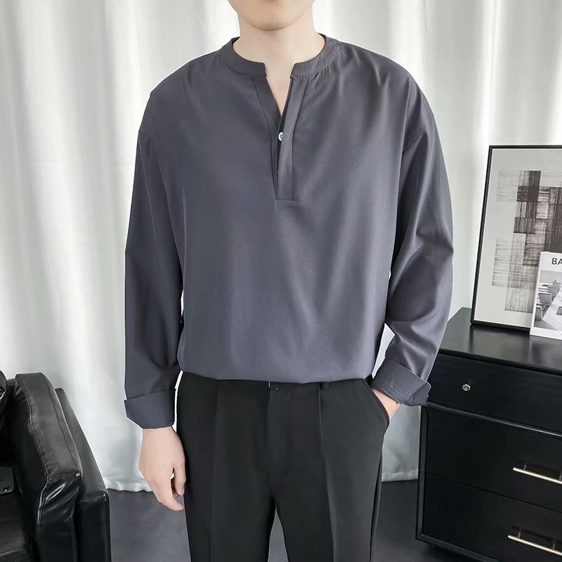 Férfi hosszú ujjú ing, álló gallér, laza szabás, Koreai stílusú, egyszínű jacquard anyagú felső