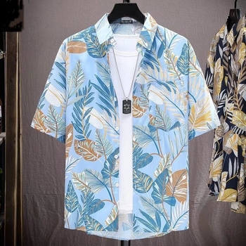 Férfi virágos rövid ujjú ing, könnyű nyári viselet, hawaii-stílusú retro tengerparti megjelenés