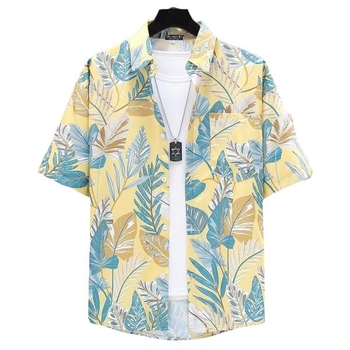 Férfi virágos rövid ujjú ing, könnyű nyári viselet, hawaii-stílusú retro tengerparti megjelenés