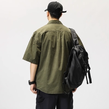 Muška radna košulja s kratkim rukavima, vojnozelene boje, japanski stil, moderan streetwear