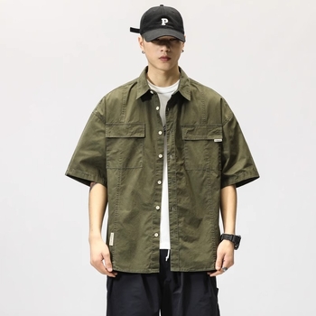 Muška radna košulja s kratkim rukavima, vojnozelene boje, japanski stil, moderan streetwear