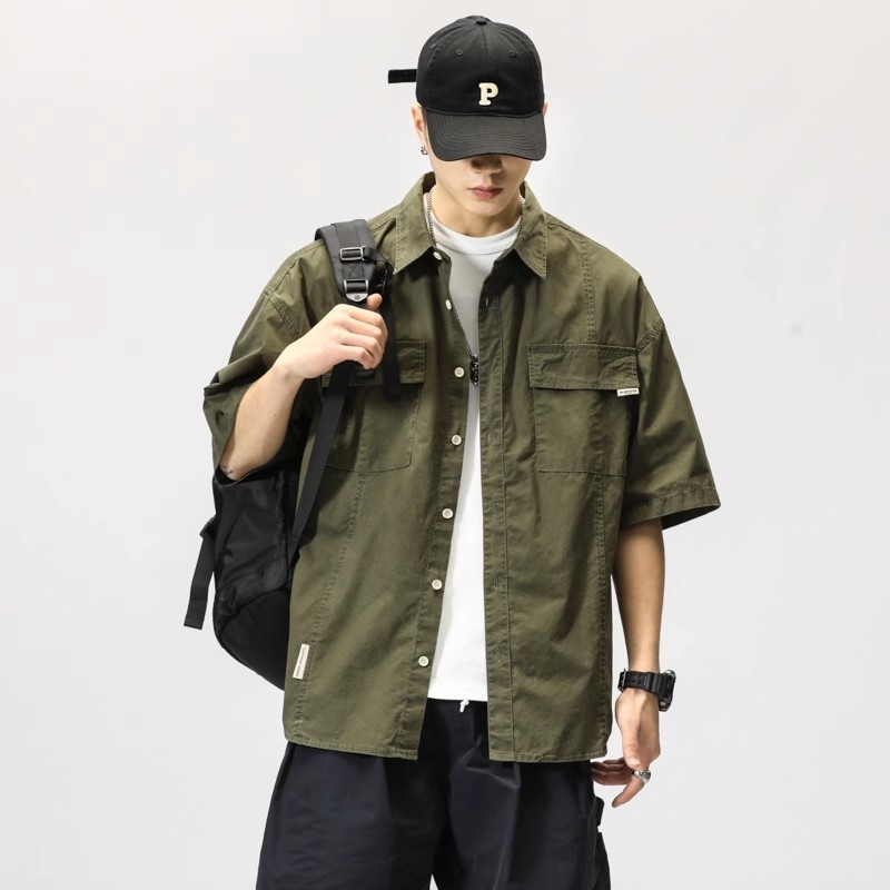 Muška radna košulja s kratkim rukavima, vojnozelene boje, japanski stil, moderan streetwear