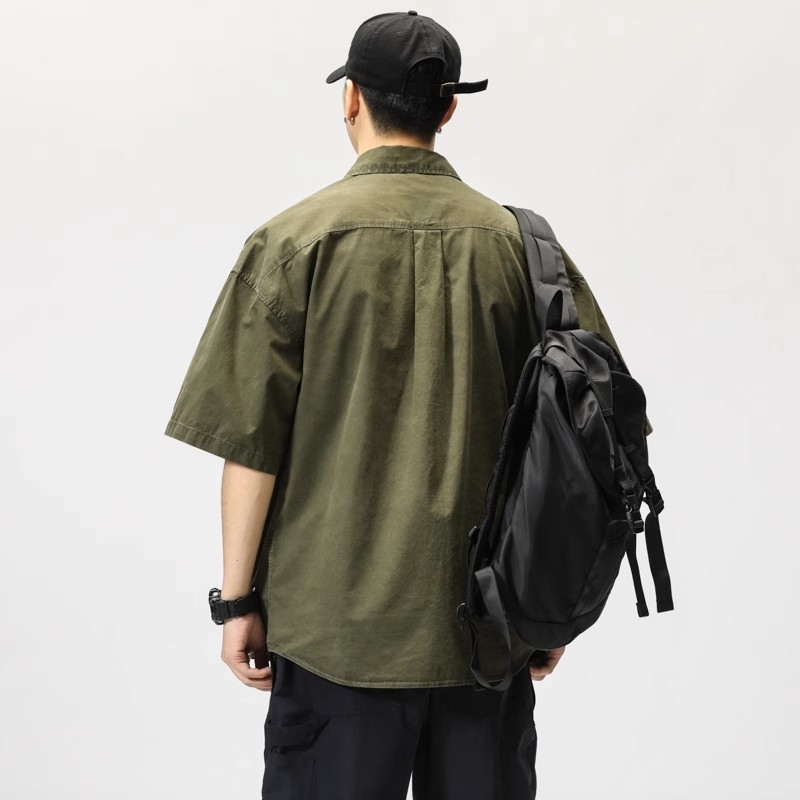 Muška radna košulja s kratkim rukavima, vojnozelene boje, japanski stil, moderan streetwear